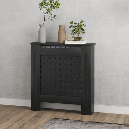 Cross-Perforated MDF Wood Radiator Cover with Shelf and Wall Mounting, 78x19x82 cm, Black