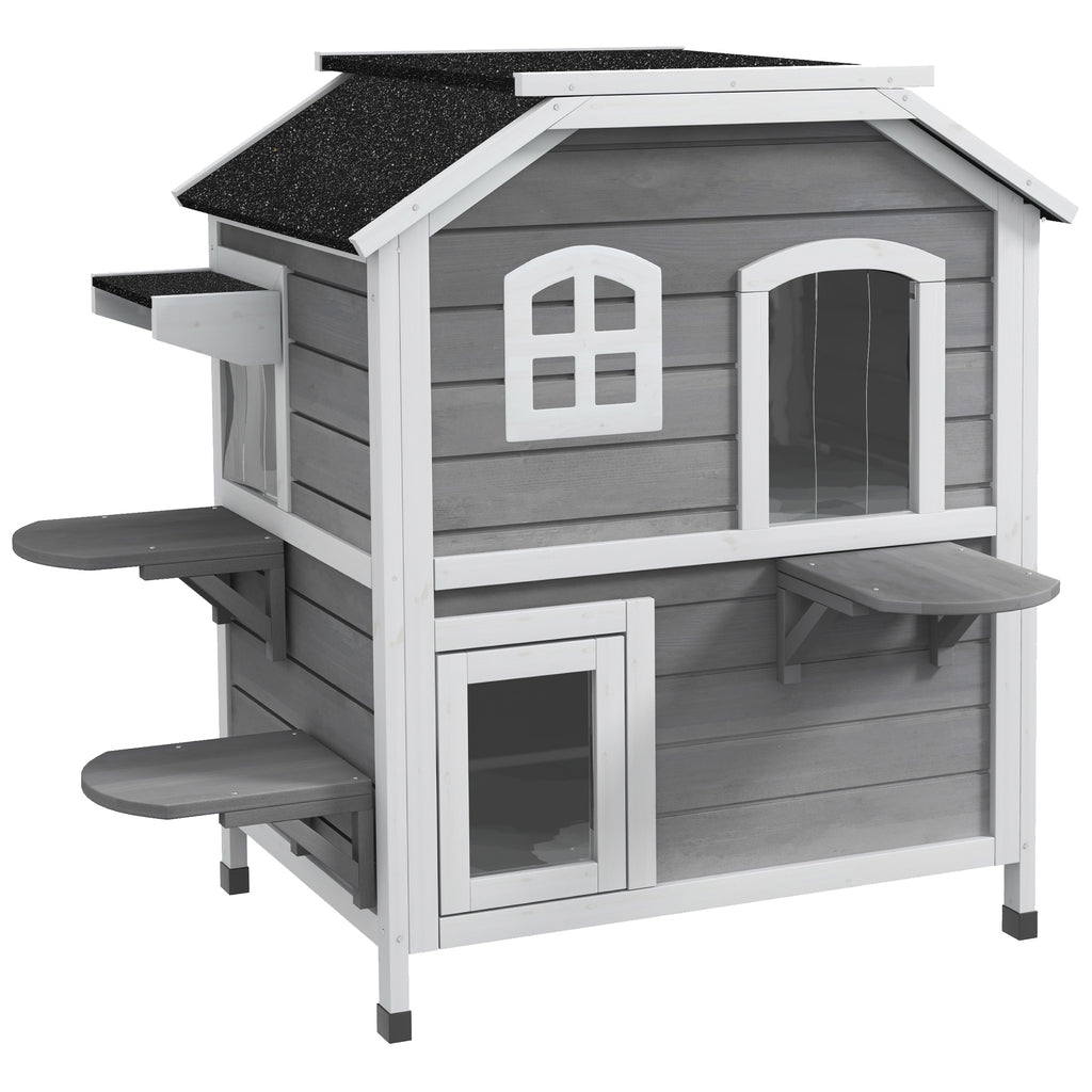 PawHut Outdoor Cat House with Opening Roof, 2 Levels, 4 Entrances, Raised Base, Made of Fir Wood, Grey