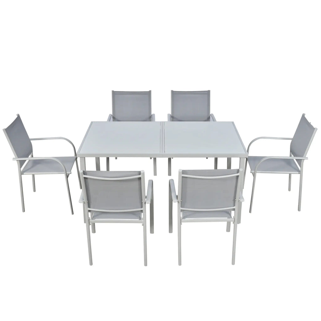 Garden Set with Tempered Glass Table and 6 Chairs with Mesh Fabric, Grey - Borge' Group Limited