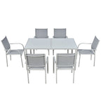 Garden Set with Tempered Glass Table and 6 Chairs with Mesh Fabric, Grey - Borge' Group Limited
