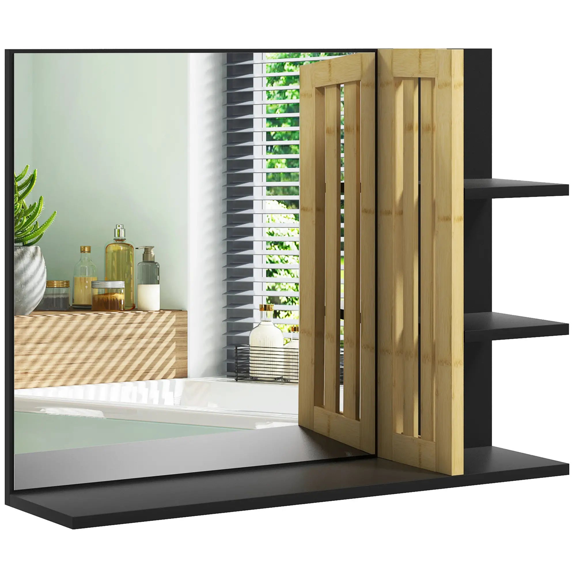 Modern 4 Tier Wall Mounted Wooden Bathroom Mirror, 45x15x58.5cm, Black