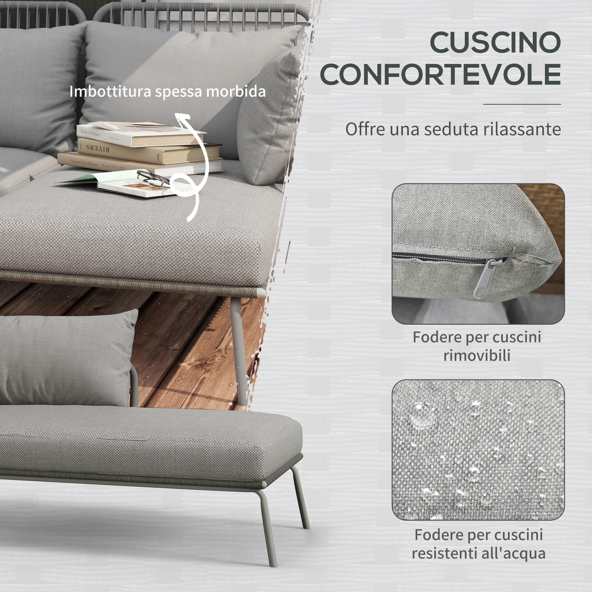 Boho Style PE Rattan Garden Set, 2 Seater Sofa with Chaise Longue and Coffee Table, Light Grey