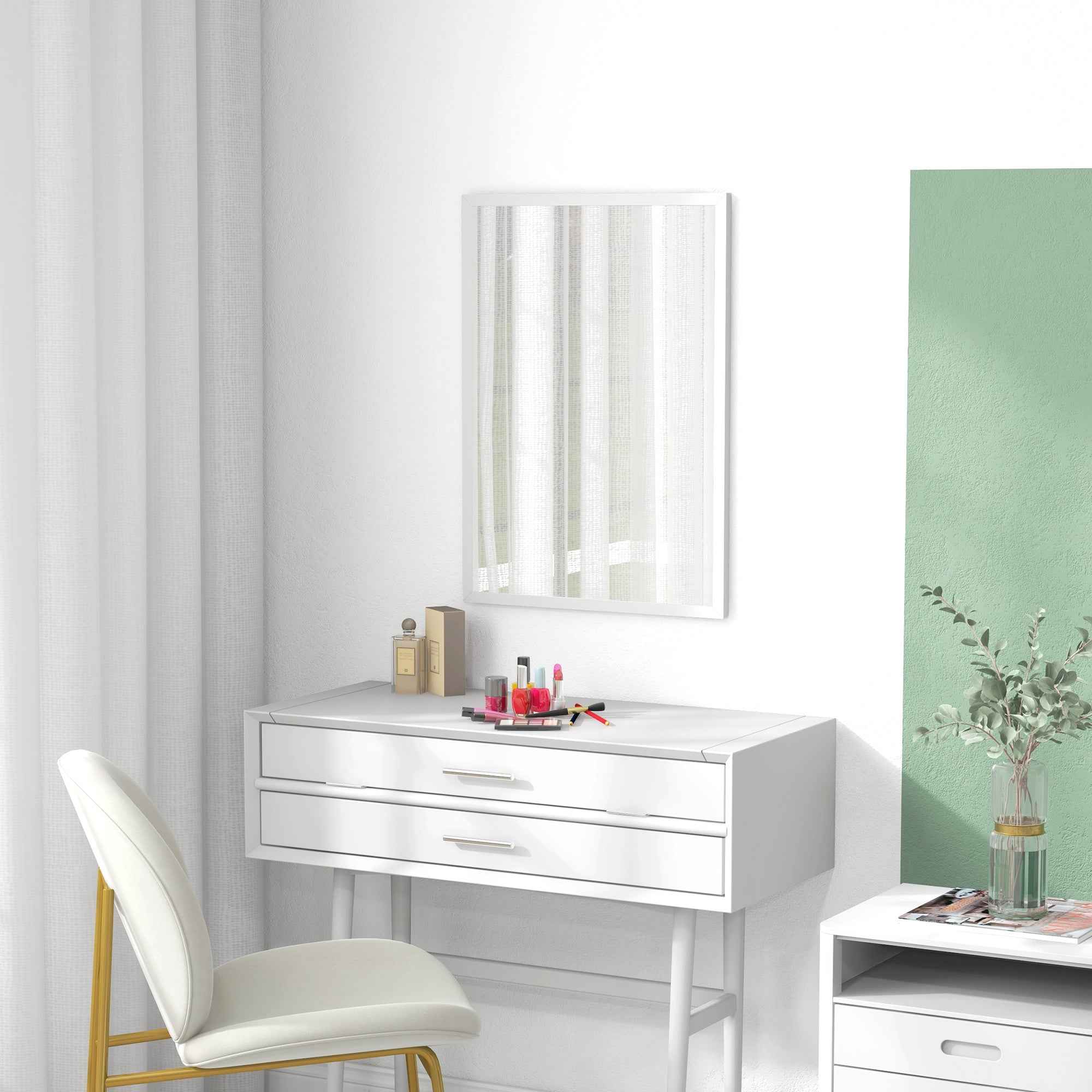 HOMCOM Rectangular Wall Mirror with Hooks, Glass and MDF, 50x70 cm, White