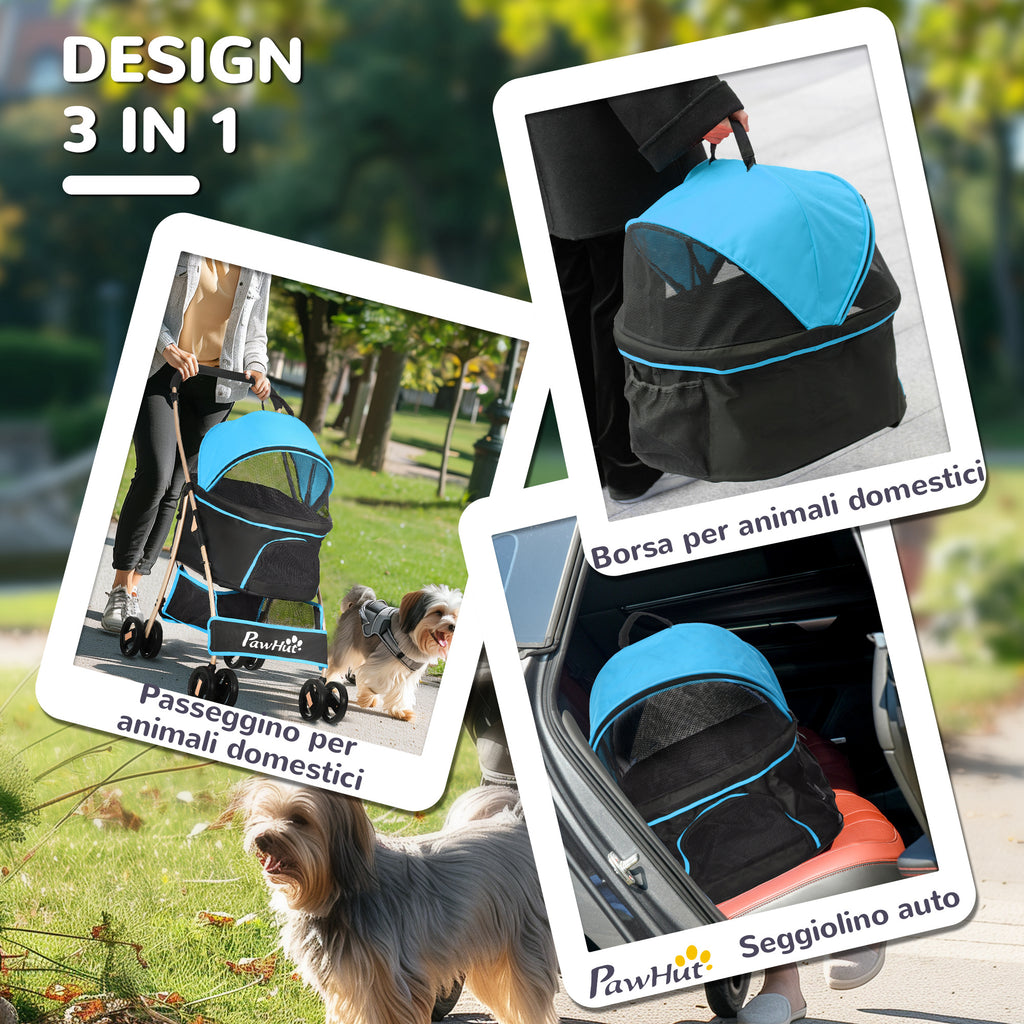 Convertible Dog Stroller with 2 Leashes and Cushion, in Steel and Polyester, 82x49.5x98 cm, Light Blue and Black