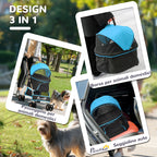Convertible Dog Stroller with 2 Leashes and Cushion, in Steel and Polyester, 82x49.5x98 cm, Light Blue and Black