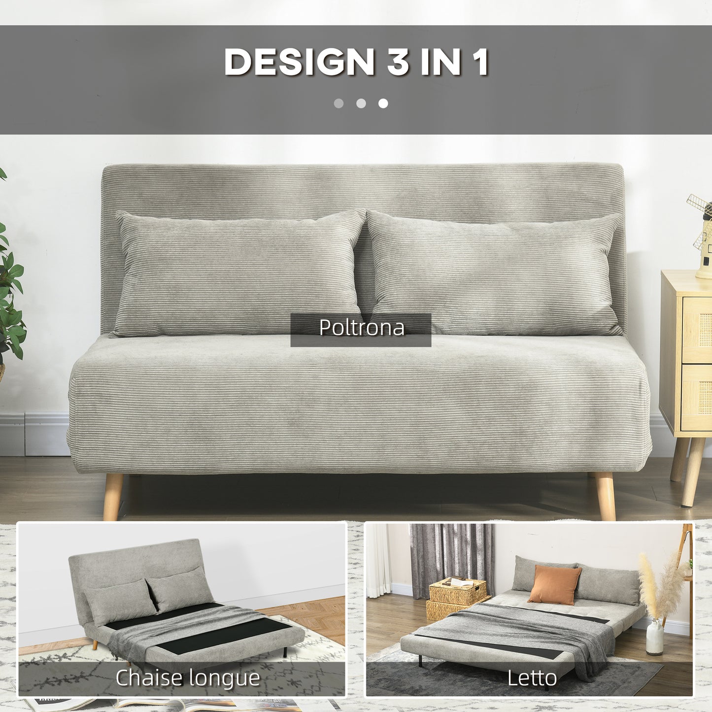 Double Sofa Bed with Adjustable Backrest and 2 Cushions, in Linen Effect Fabric Grey