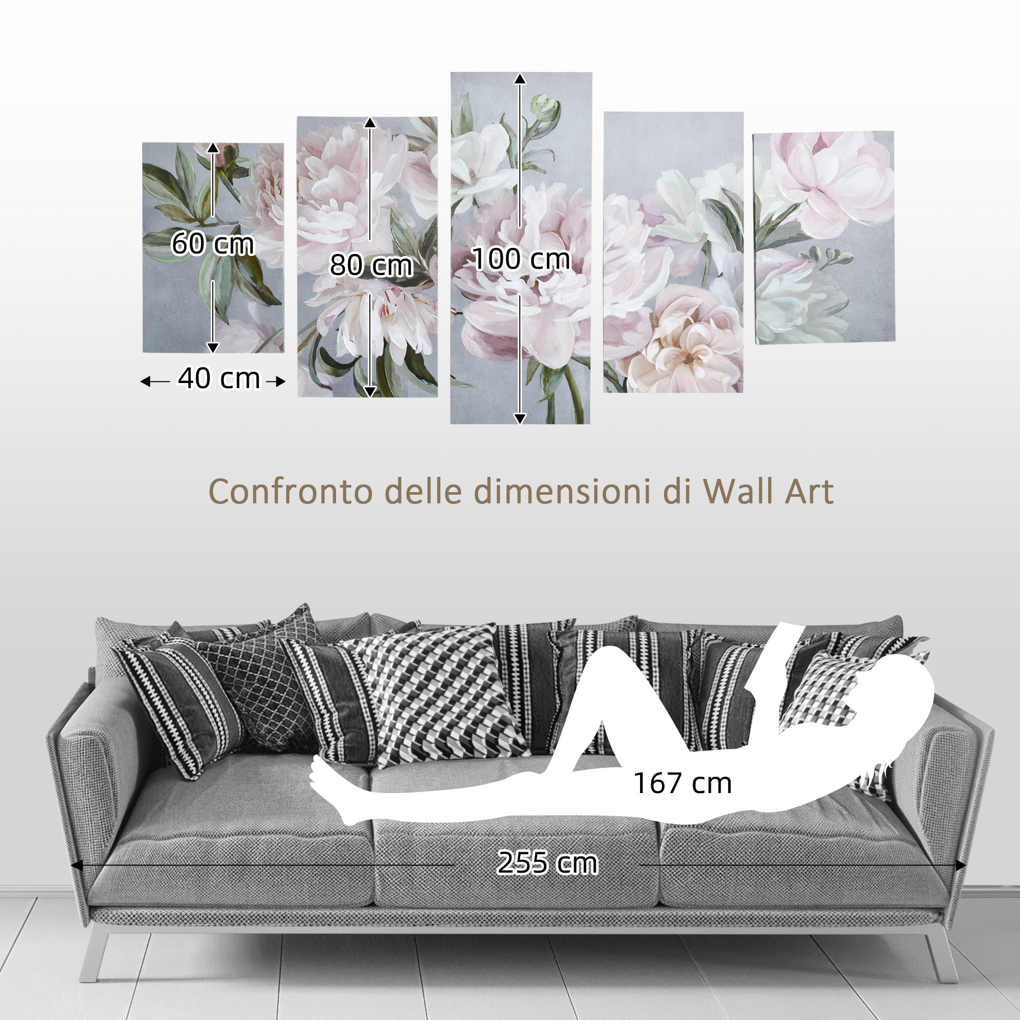 Peony Canvas Print, 5 Pieces for Home and Office, Pine Wood Canvas and Water-Based Paint, 200x100cm, Multicolor