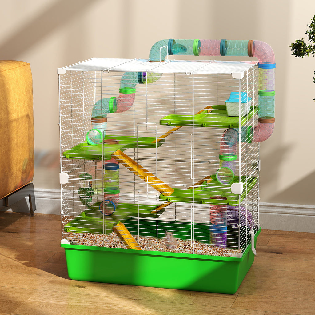 5-Tier Hamster Cage with Tubes, House, Tank and Wheel, Made of Steel, PP and PS, 59x36x69 cm, Green and White