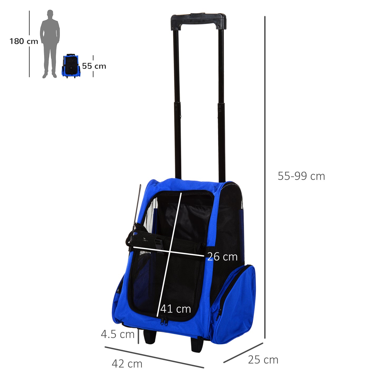 PawHut 2 in 1 Backpack Carrier for Dogs and Cats with Side Pockets, Telescopic Handle and Wheels, 42x25x55cm, Blue