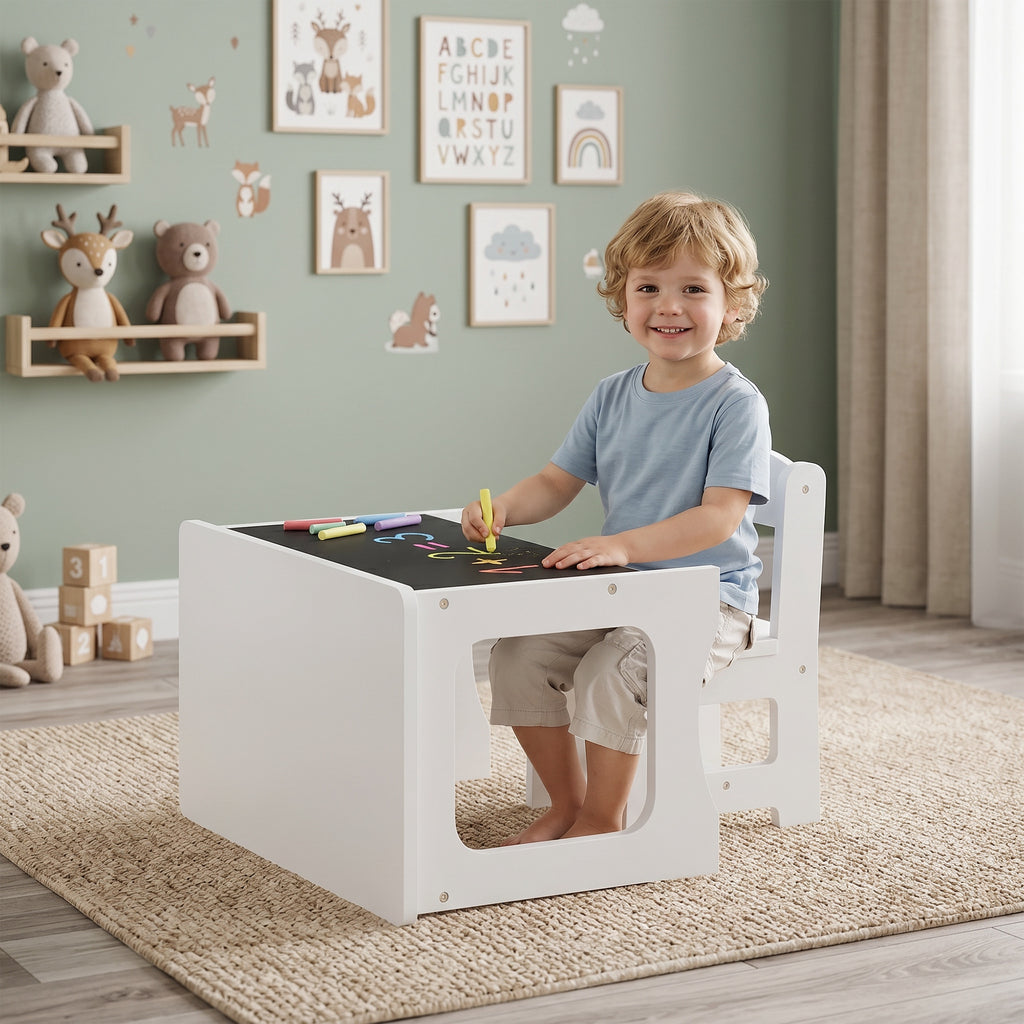 AIYAPLAY Wooden Table and Chair Set for Children Ages 3-6 with Reversible Top, Rounded Corners, White