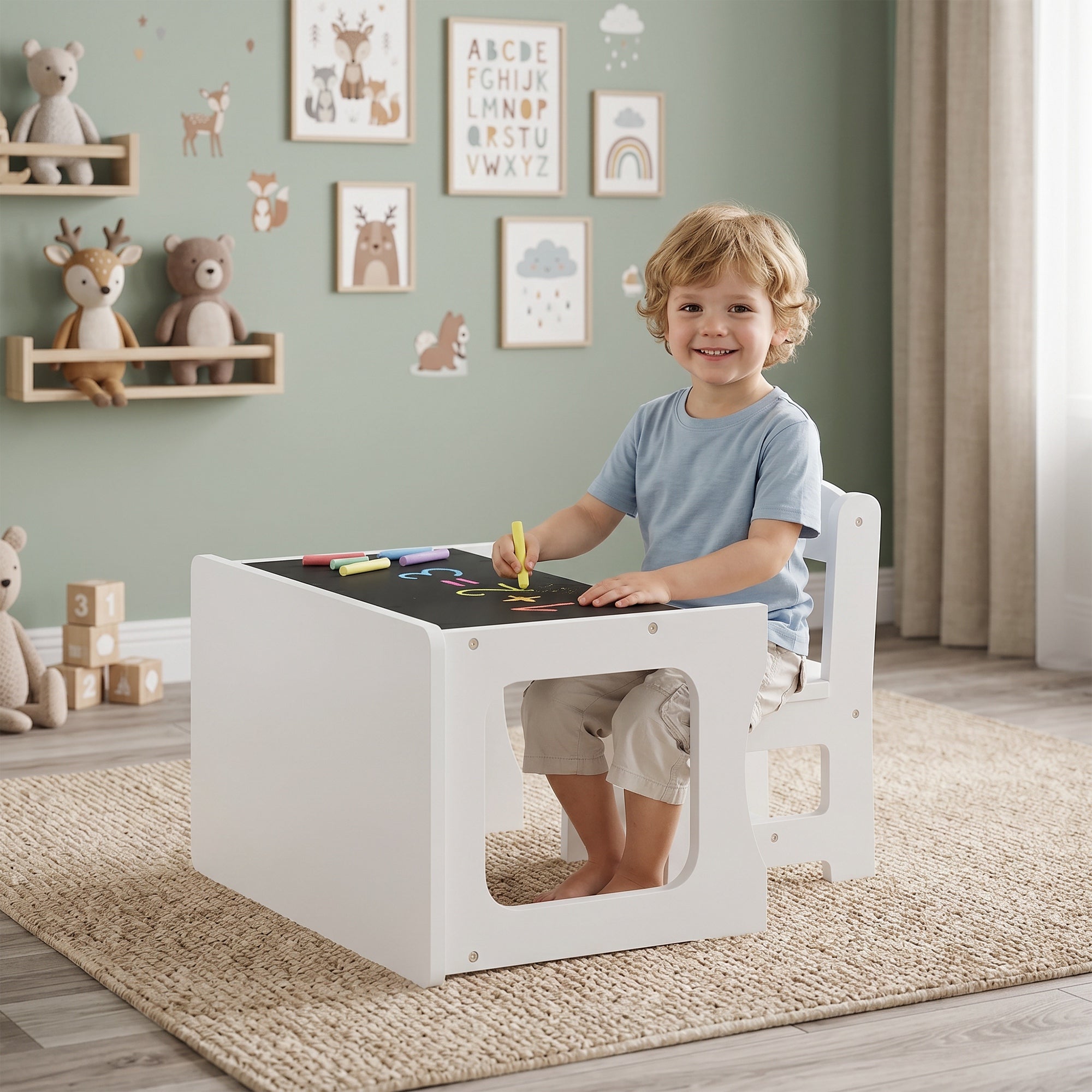 AIYAPLAY Wooden Table and Chair Set for Children Ages 3-6 with Reversible Top, Rounded Corners, White