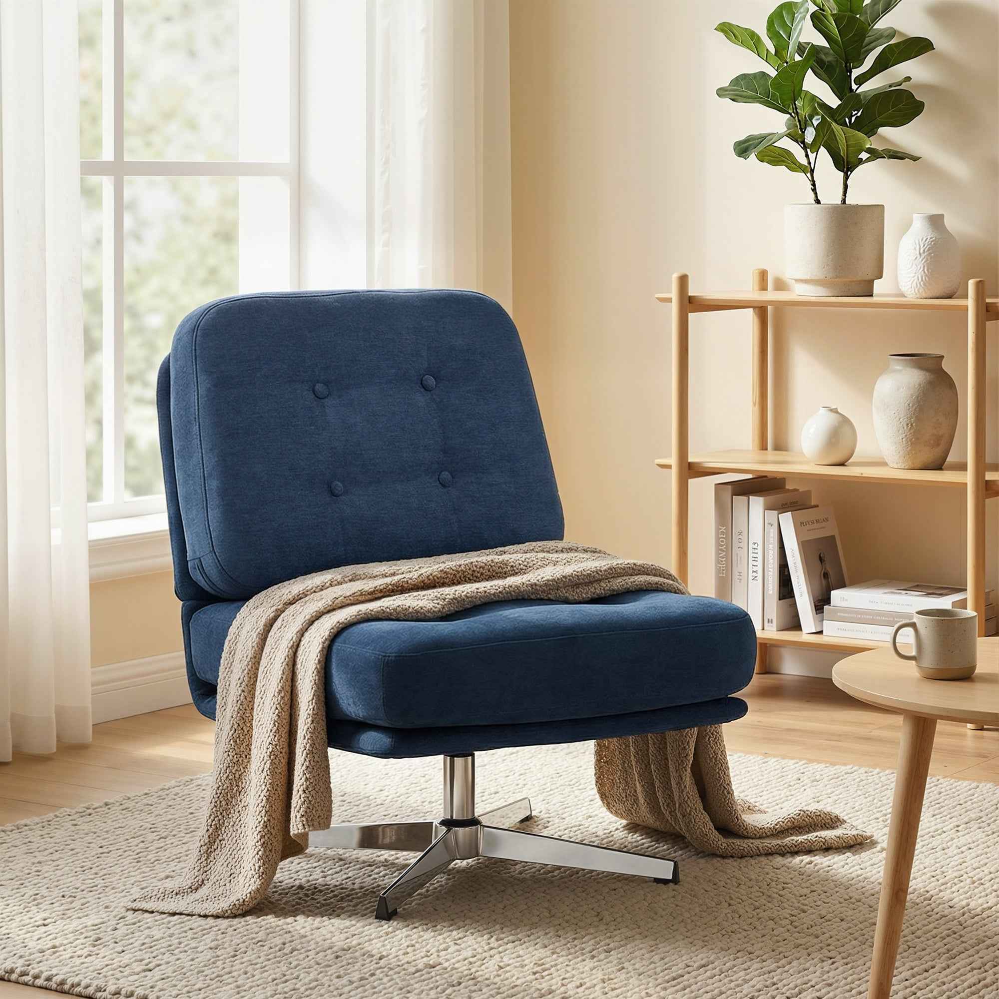 Swivel Living Room Chair in Chenille Effect Fabric and Metal, 70x87x84 cm, Dark Blue