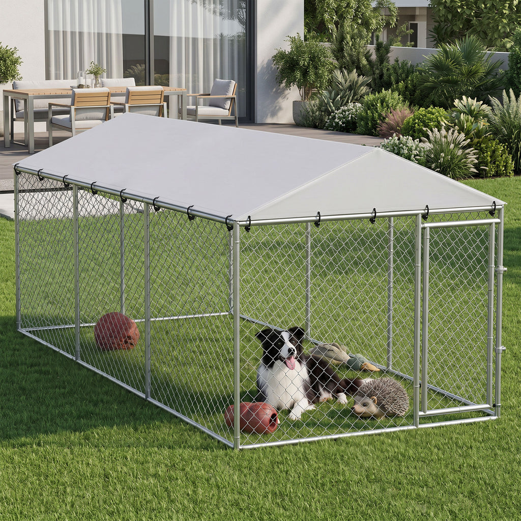 PawHut Outdoor Dog Playpen with Galvanized Mesh and Lock, Steel and Oxford Fabric, 4x2.3x2 m, Silver