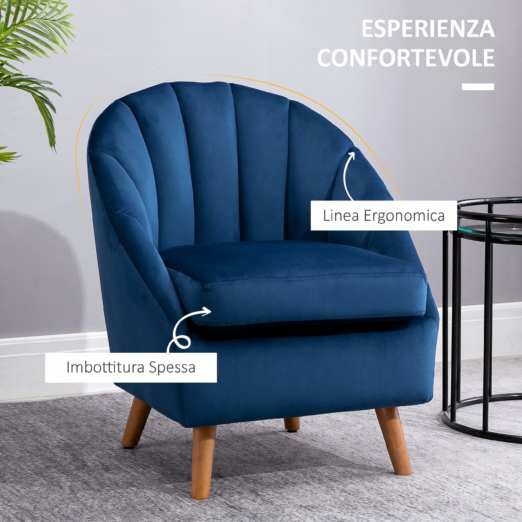 HOMCOM Velvet Lounge Chair with Thick Pad, Wooden Legs and Armrests, Blue