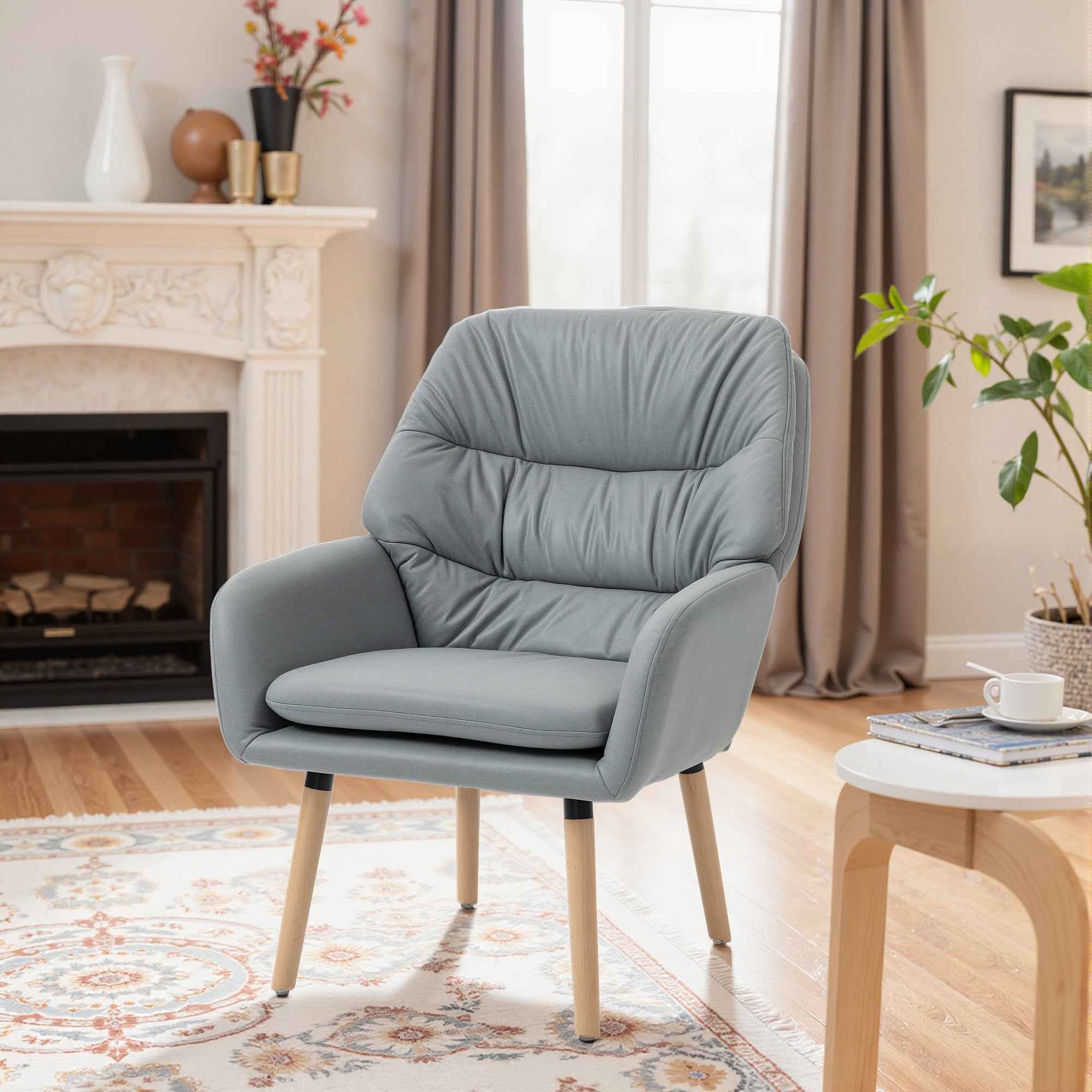 HOMCOM Modern High-Backed Bedroom Armchair with Double Padded Seat in Leather Effect Fabric, Grey
