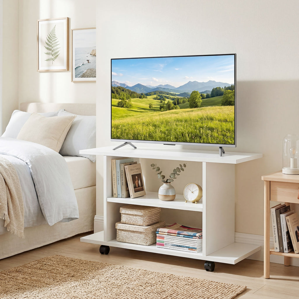 HOMCOM Modern TV Stand with Shelves, Swivel Wheels and Brakes, 80x40x40 cm, White