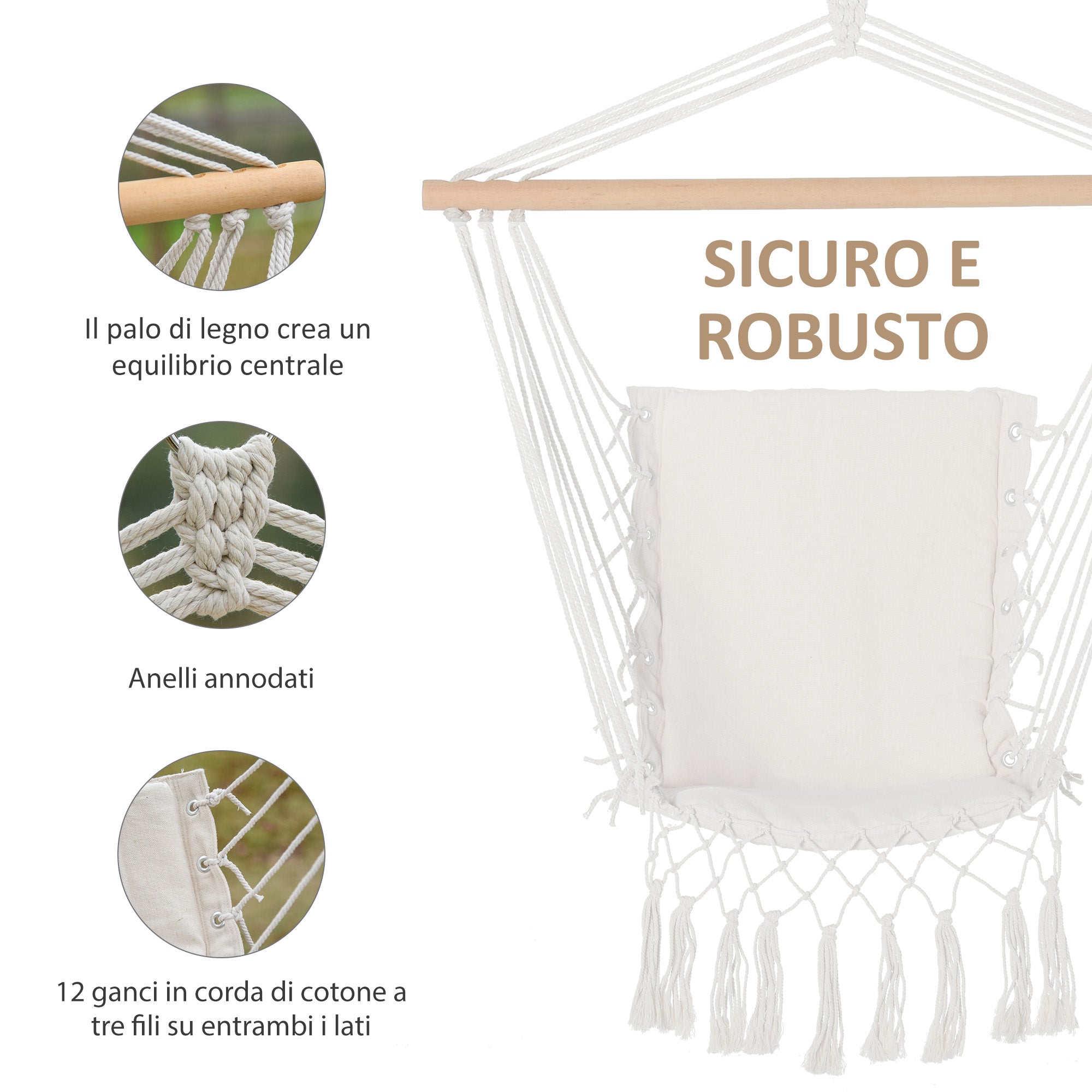 Indoor and Outdoor Hanging Rocking Chair in Fabric with Tassels, 90x50 cm, Cream