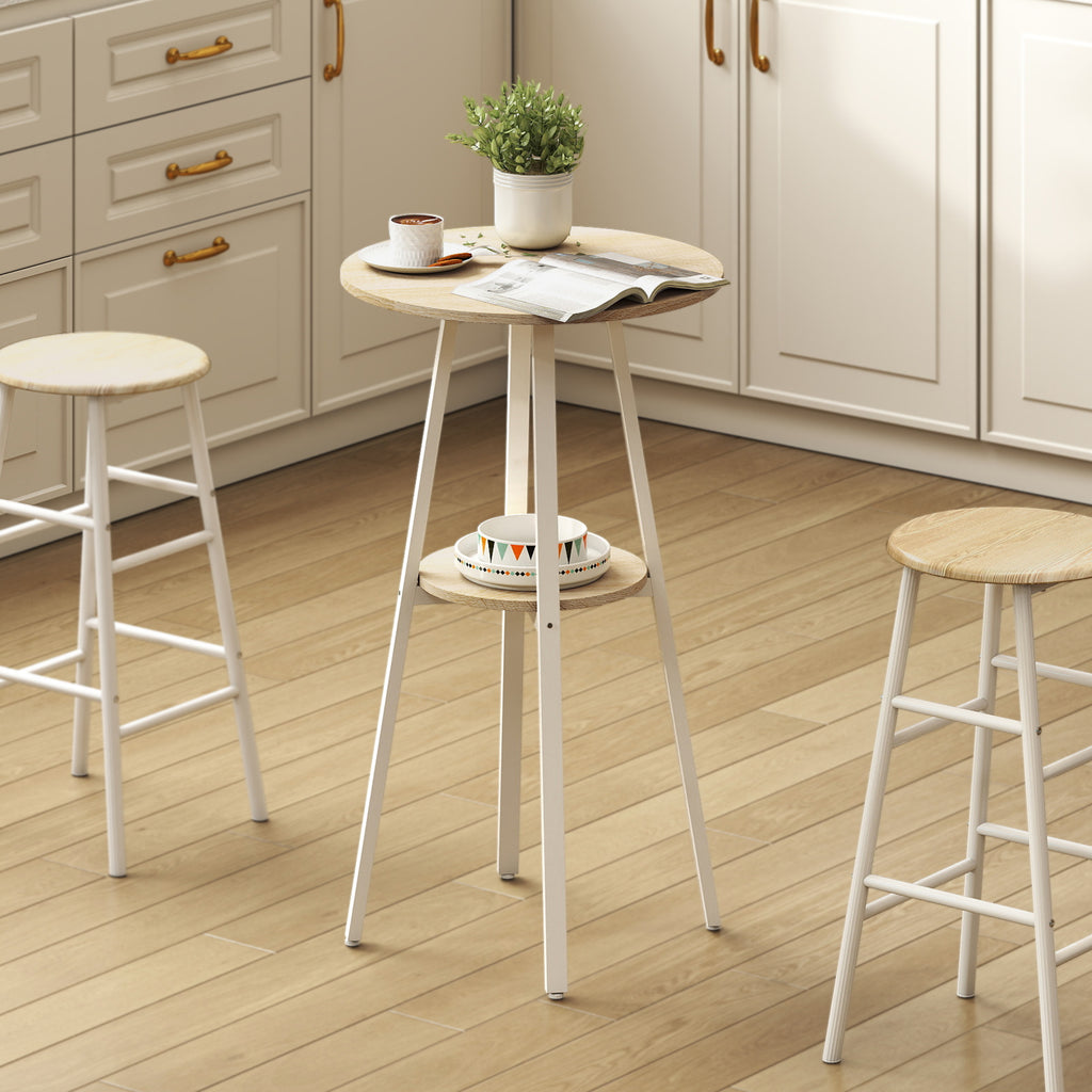 HOMCOM Round High Table with Shelf, Modern Kitchen or Dining Table, for 2 People, Natural and White