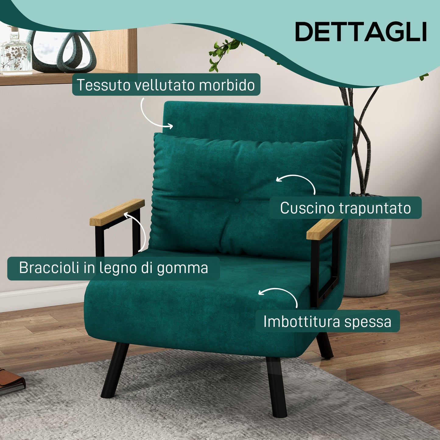 Velvet Green, 3 in 1 Sofa Bed with 5-Position Reclining Backrest and Cushion, 63x73x81 cm, Green