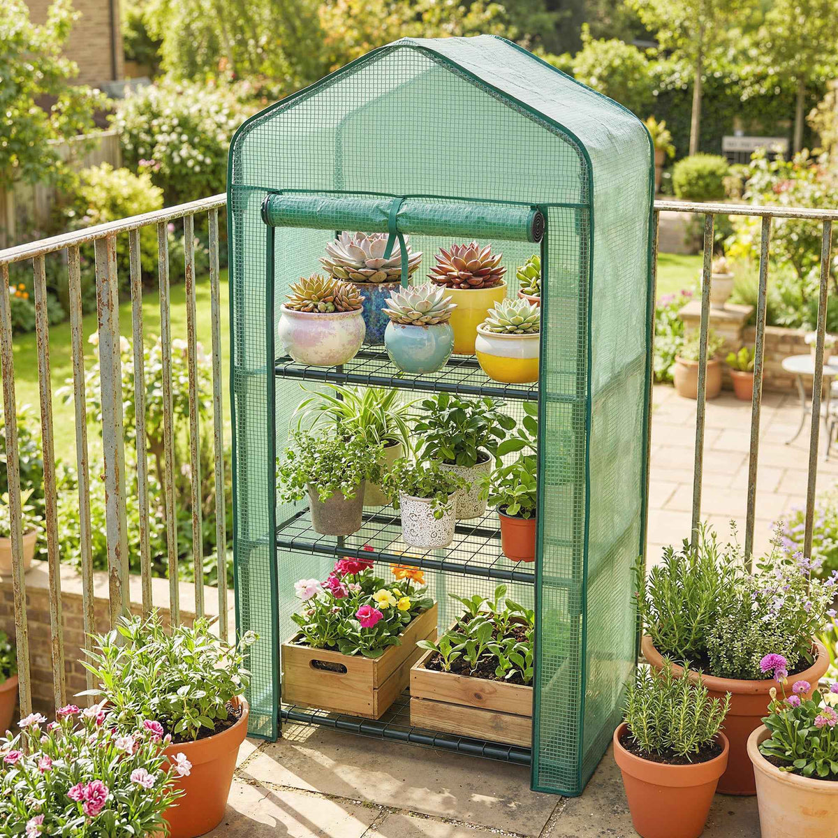 Outsunny Mini Garden Greenhouse with PE Cover, 3 Shelves and Roll-Up Door, 59x39x127cm, Green