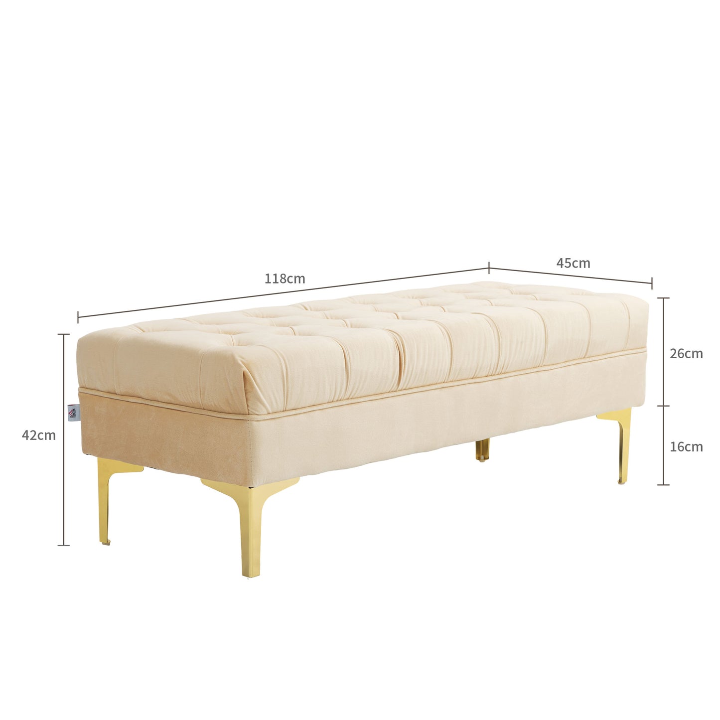 Padded Bed End Bench with Quilted Velvet Effect Fabric Covering, 118x45x42 cm, Beige