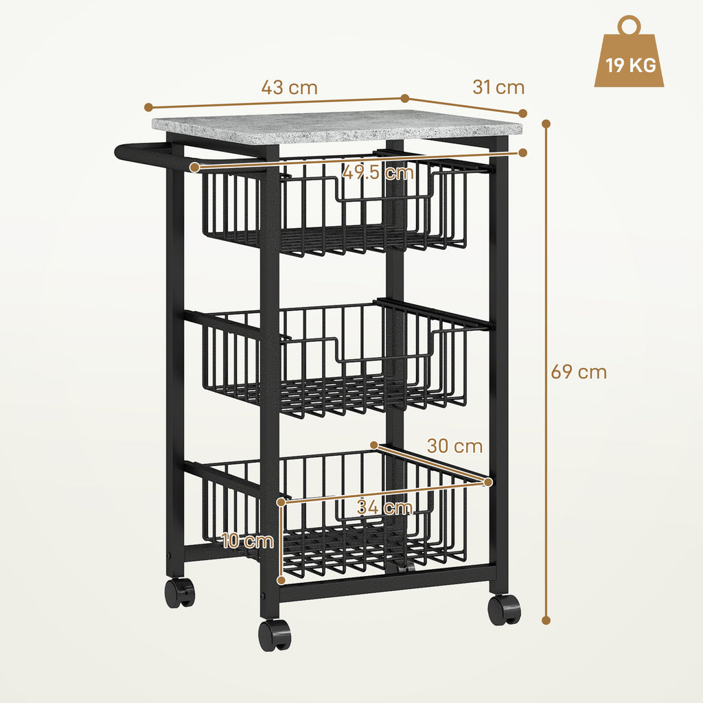 3-Basket Kitchen Trolley with Handle, Steel and Wood, 49.5x31x69 cm, Black and Light Grey
