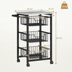 3-Basket Kitchen Trolley with Handle, Steel and Wood, 49.5x31x69 cm, Black and Light Grey