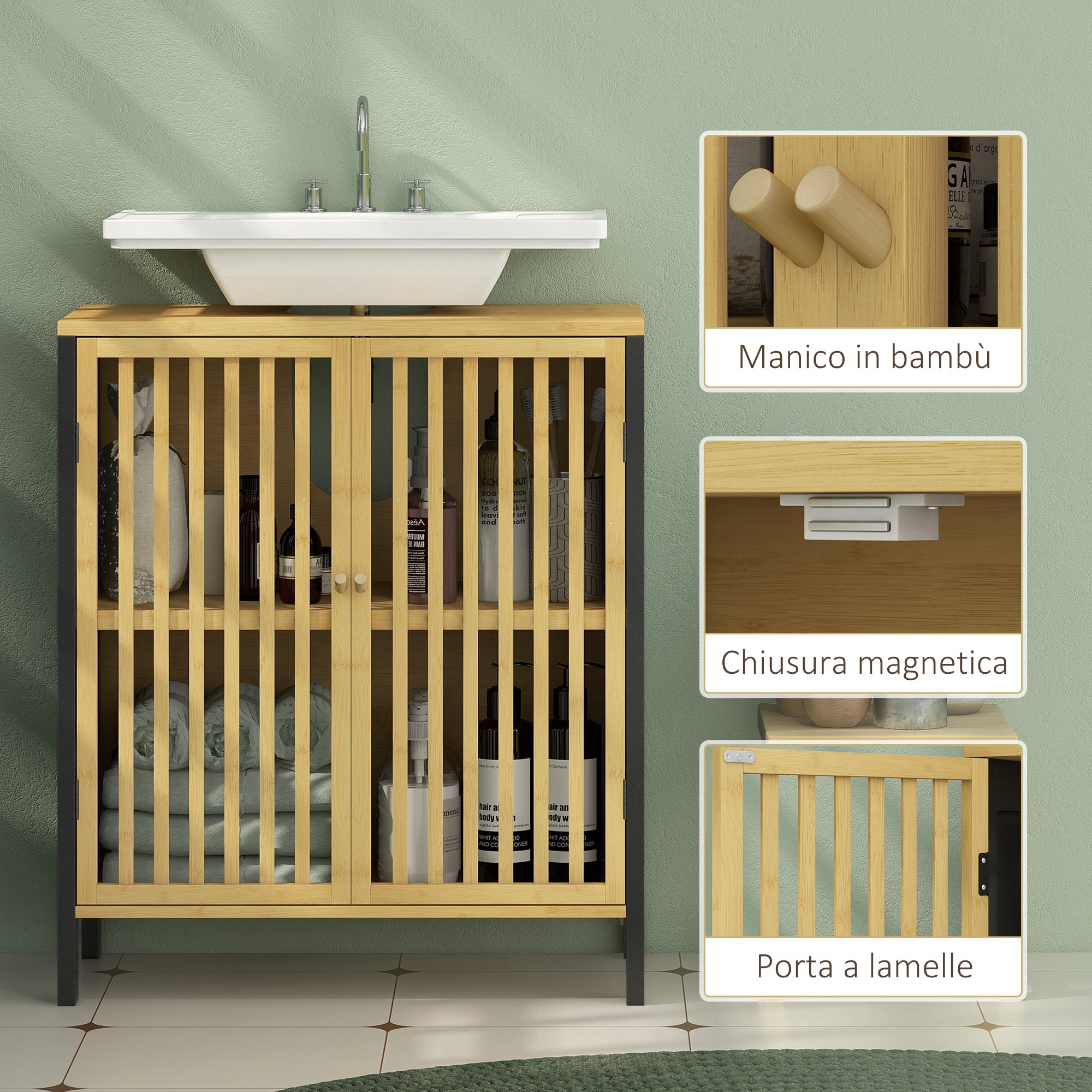 HOMCOM Bathroom Vanity Unit with 2 Slatted Doors in Bamboo Wood and MDF with U-Cut, 60x30x70cm - Borgè