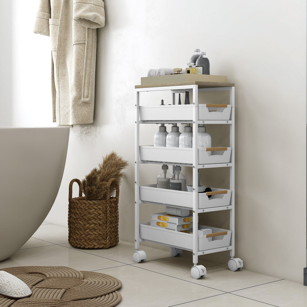 5-Tier Kitchen Cart with 4 Removable Baskets, Metal, PP and Wood, 39.5x24x82 cm, White and Oak