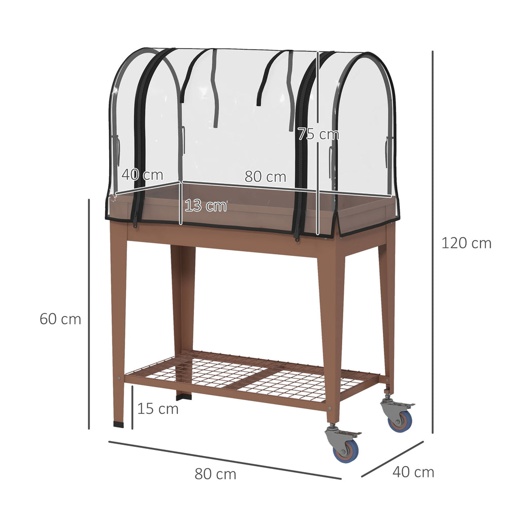 Raised Planter with Mini Greenhouse for Plants, Wheels and Shelf, 80x40x120cm, Brown - Borgè