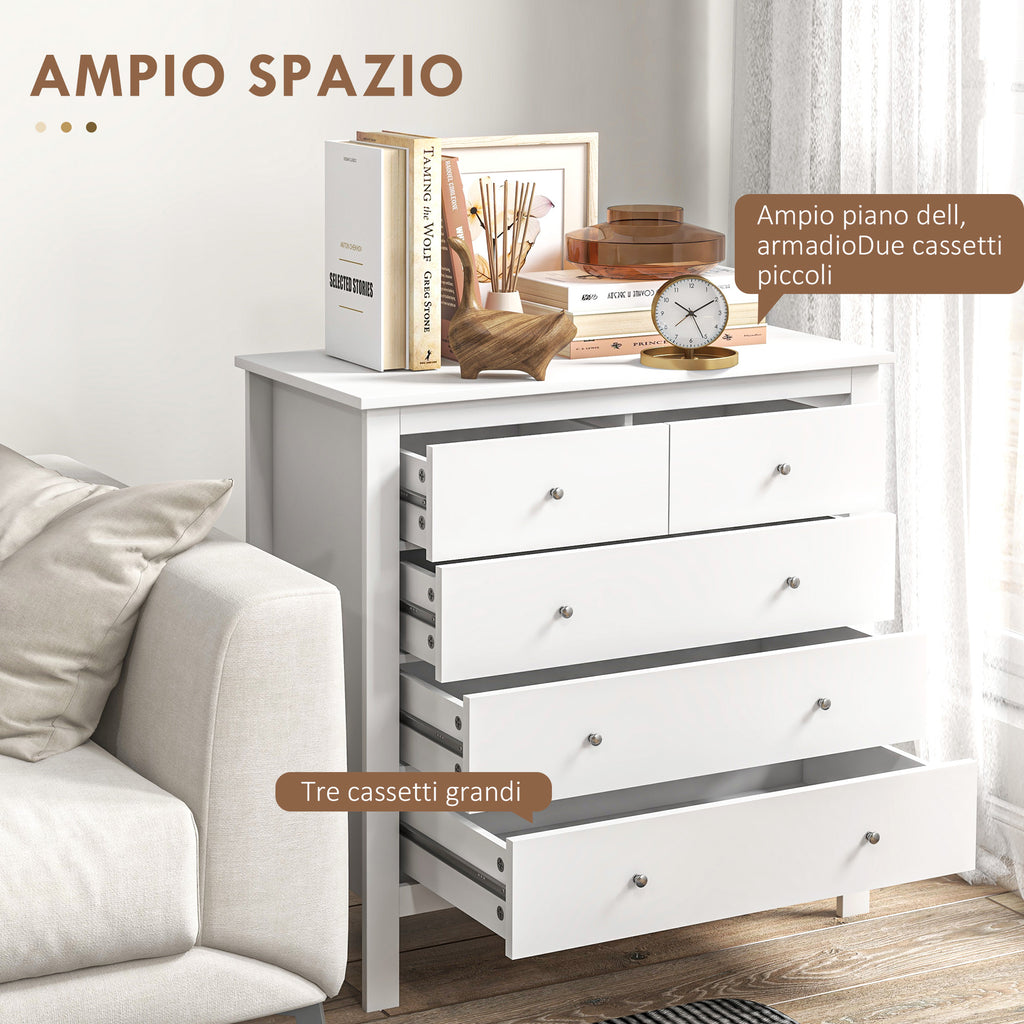 5 Drawer Chest of Drawers for Bedroom and Living Room in White Wood, 79x39.5x80.5 cm