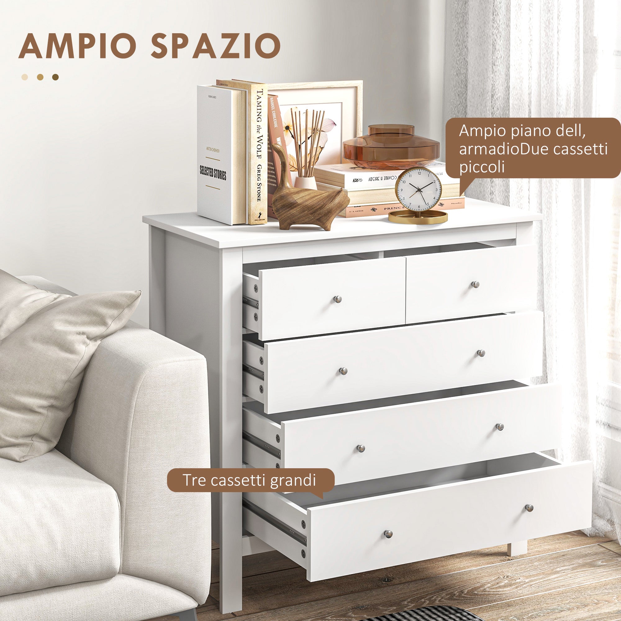 5 Drawer Chest of Drawers for Bedroom and Living Room in White Wood, 79x39.5x80.5 cm