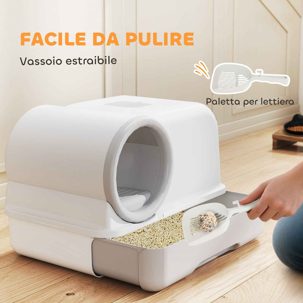 PawHut Enclosed Cat Litter Box with Tray, Scoop and Deodorant Bags, in PP, 59x39.5x39.5 cm, White and Grey