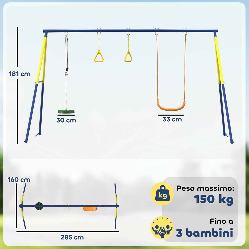 3-in-1 Garden Swing for Children 3-8 Years, Made of Steel and PE, 285x160x181 cm, Multicolored
