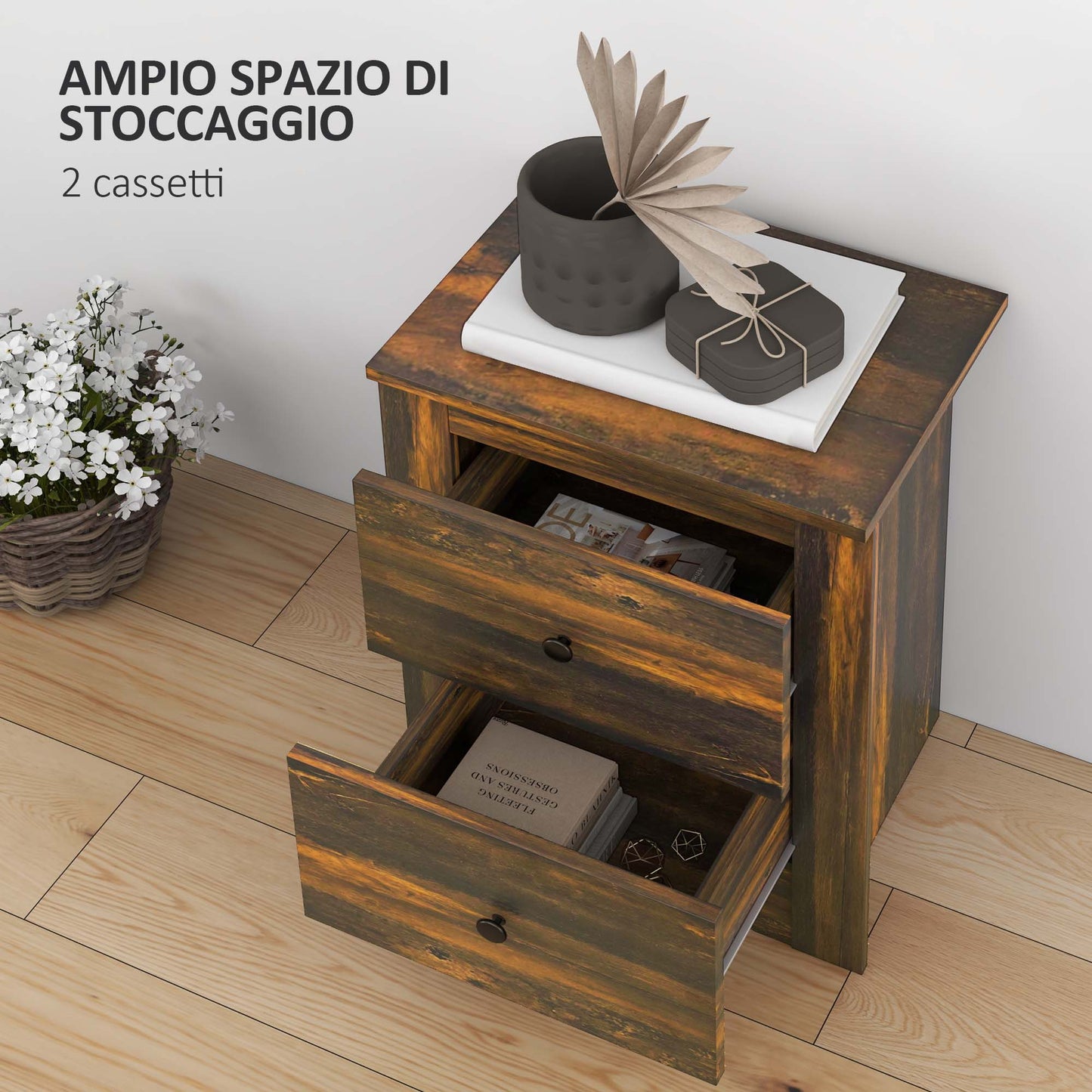 Rustic Style Wooden Bedside Table with 2 Drawers, 40x30x56 cm, Brown