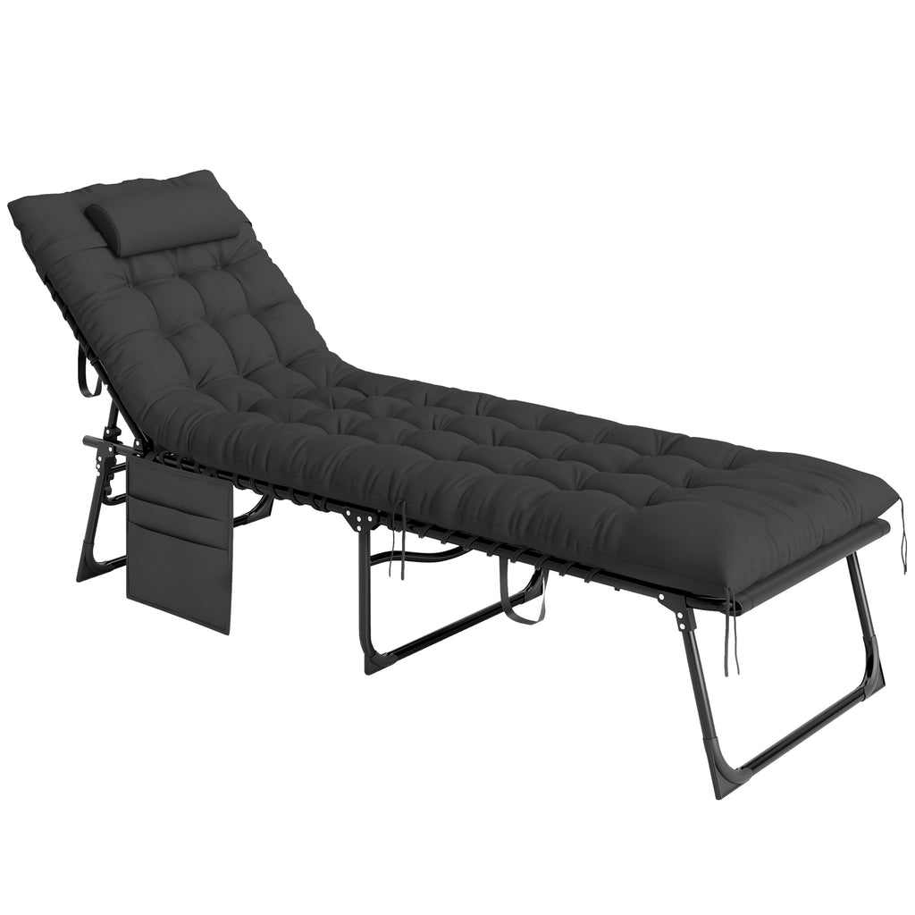 Outsunny Folding Sun Lounger with Cushion, Headrest and Side Pocket, 58x189x32.5 cm, Black