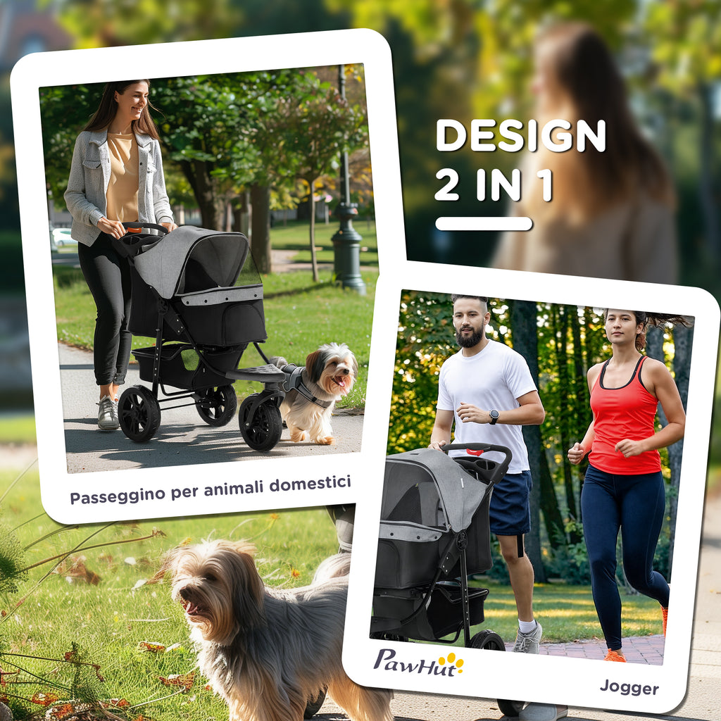 2-in-1 Folding 3-Wheel Dog Stroller with Brake, Storage Basket and Bottle Holder, Steel and Oxford, Grey and Black, 109.5x57.5x106.5cm