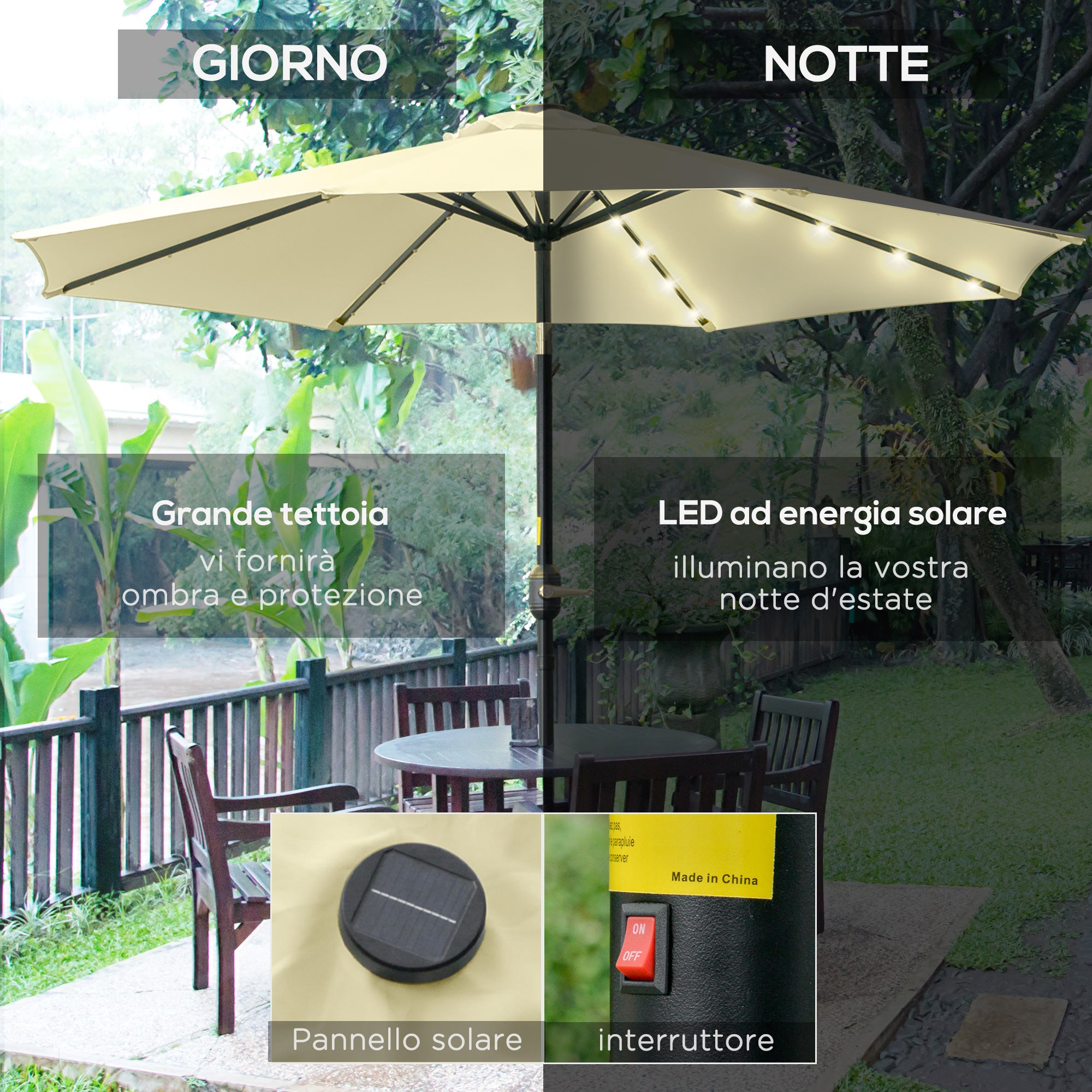 Outsunny Ø265cm Tilting Garden Umbrella with 32 Solar LED Lights and Crank Handle, Beige