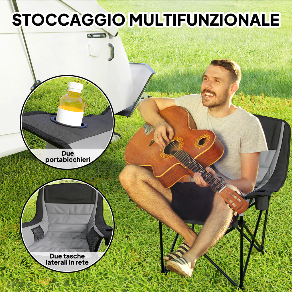 Folding Camping Chair with 2 Cup Holders and Side Pockets, 99x71x103 cm, Gray and Black