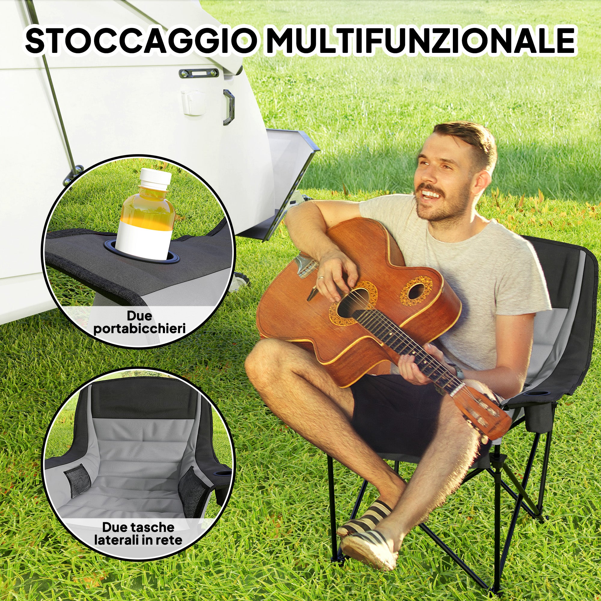 Folding Camping Chair with 2 Cup Holders and Side Pockets, 99x71x103 cm, Gray and Black