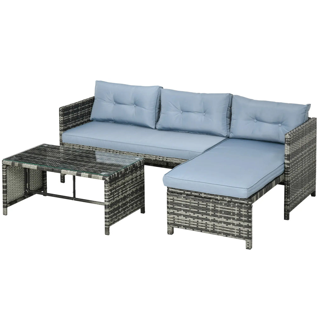 Garden Lounge Set with Sofa, Chaise Longue and Coffee Table in PE Rattan with Cushions, Grey - Borge' Group Limited