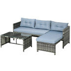 Garden Lounge Set with Sofa, Chaise Longue and Coffee Table in PE Rattan with Cushions, Grey - Borge' Group Limited