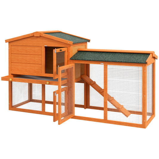 PawHut 2-Storey Outdoor Hutch in Fir Wood and Metal Wire, 150x45x85 cm, Orange - Borgè