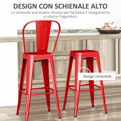 Set of 2 Industrial Bar Stools with Removable Backrest and Footrest, in Metal, 44x49x116 cm, Red