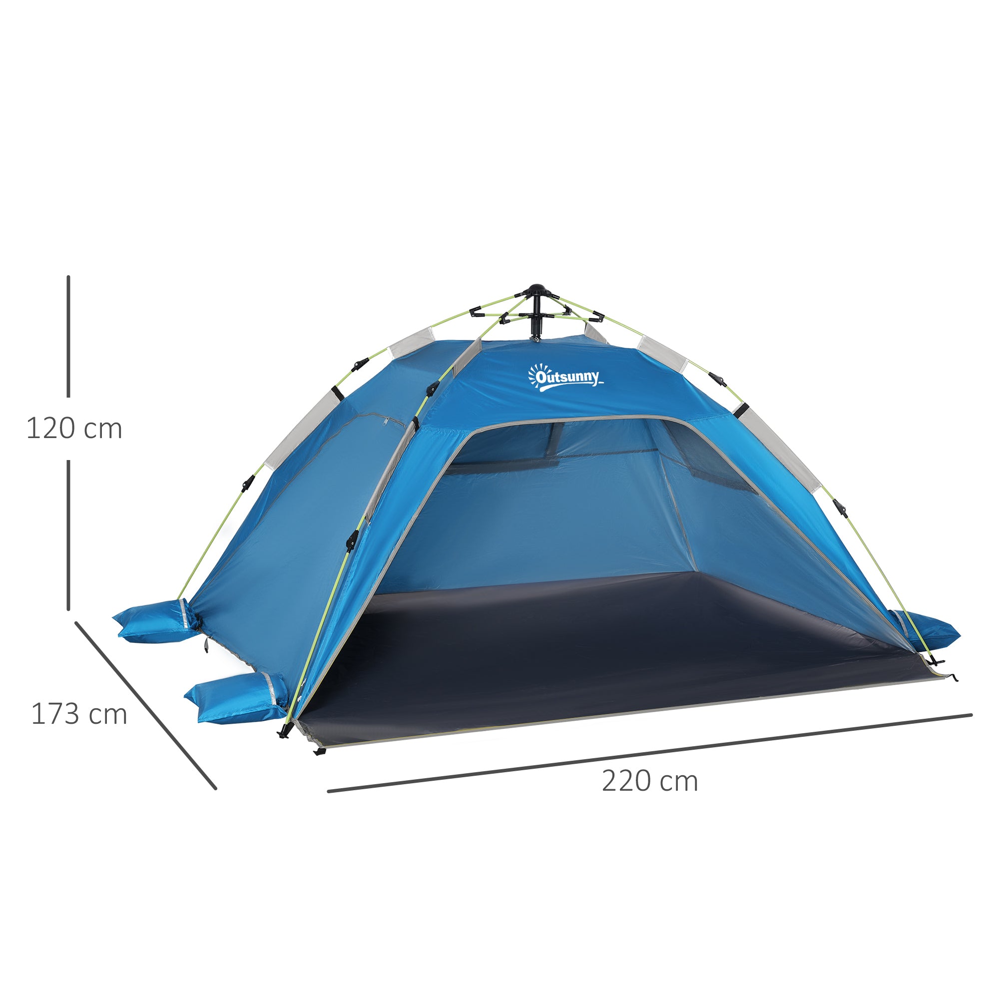 Pop Up Beach Tent with Zipper Door, in Polyester and Fiberglass, 220x173x120 cm, Sky Blue and Gray