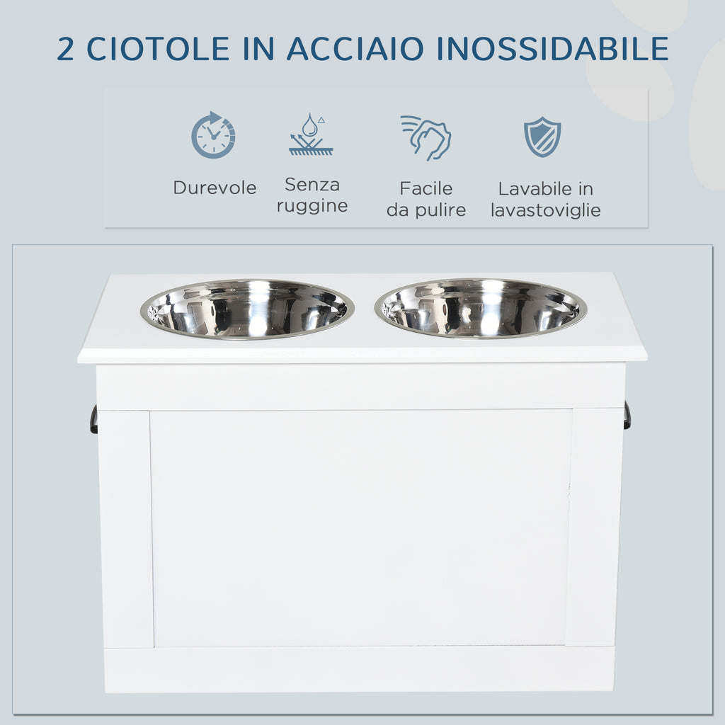 Raised Bowls for Large Dogs, MDF Stand with 2 Stainless Steel Bowls, 60x30x41 cm, White