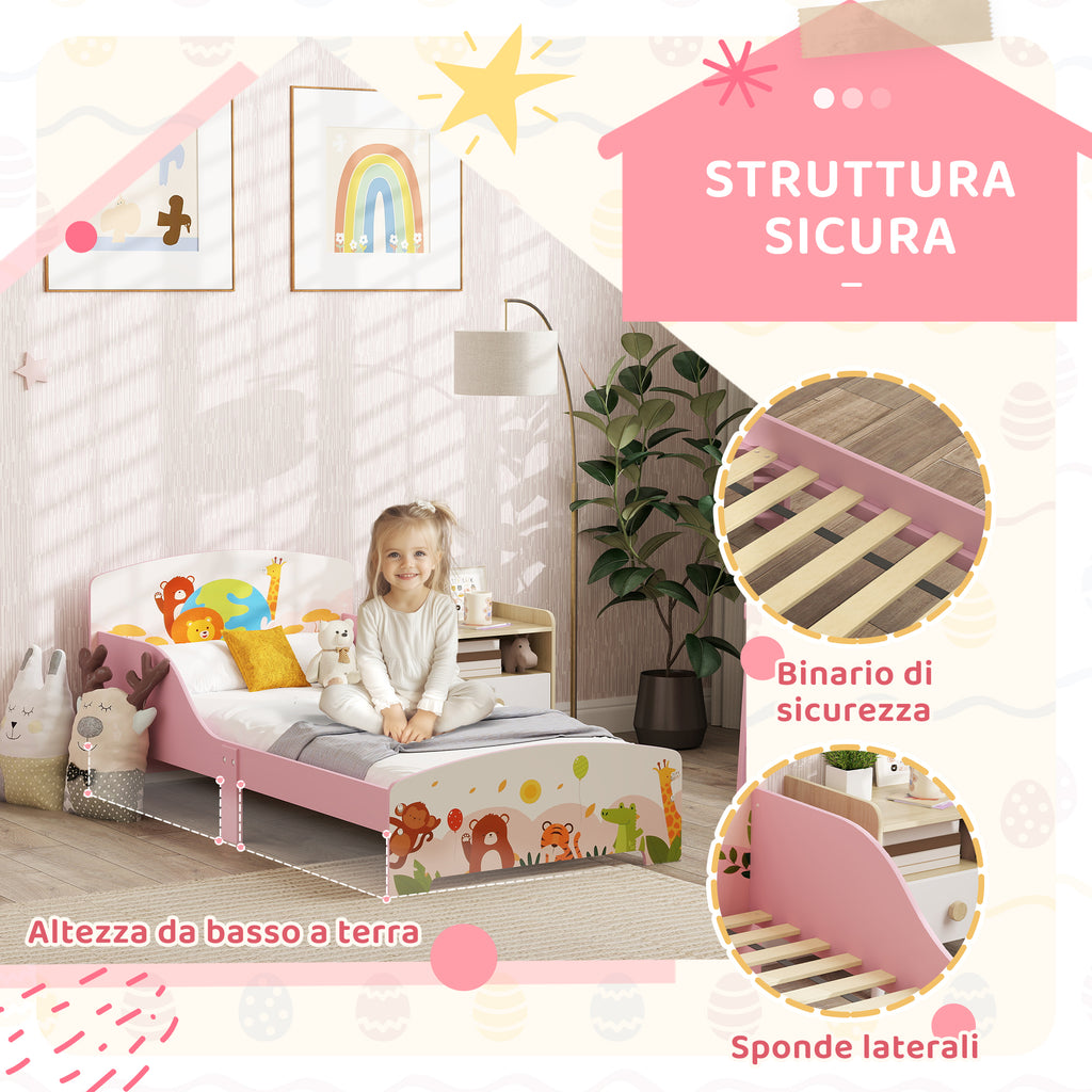 Wooden Cot for Children 3+ Years with Raised Edges and Safety Rails, 143x77x60 cm, Pink