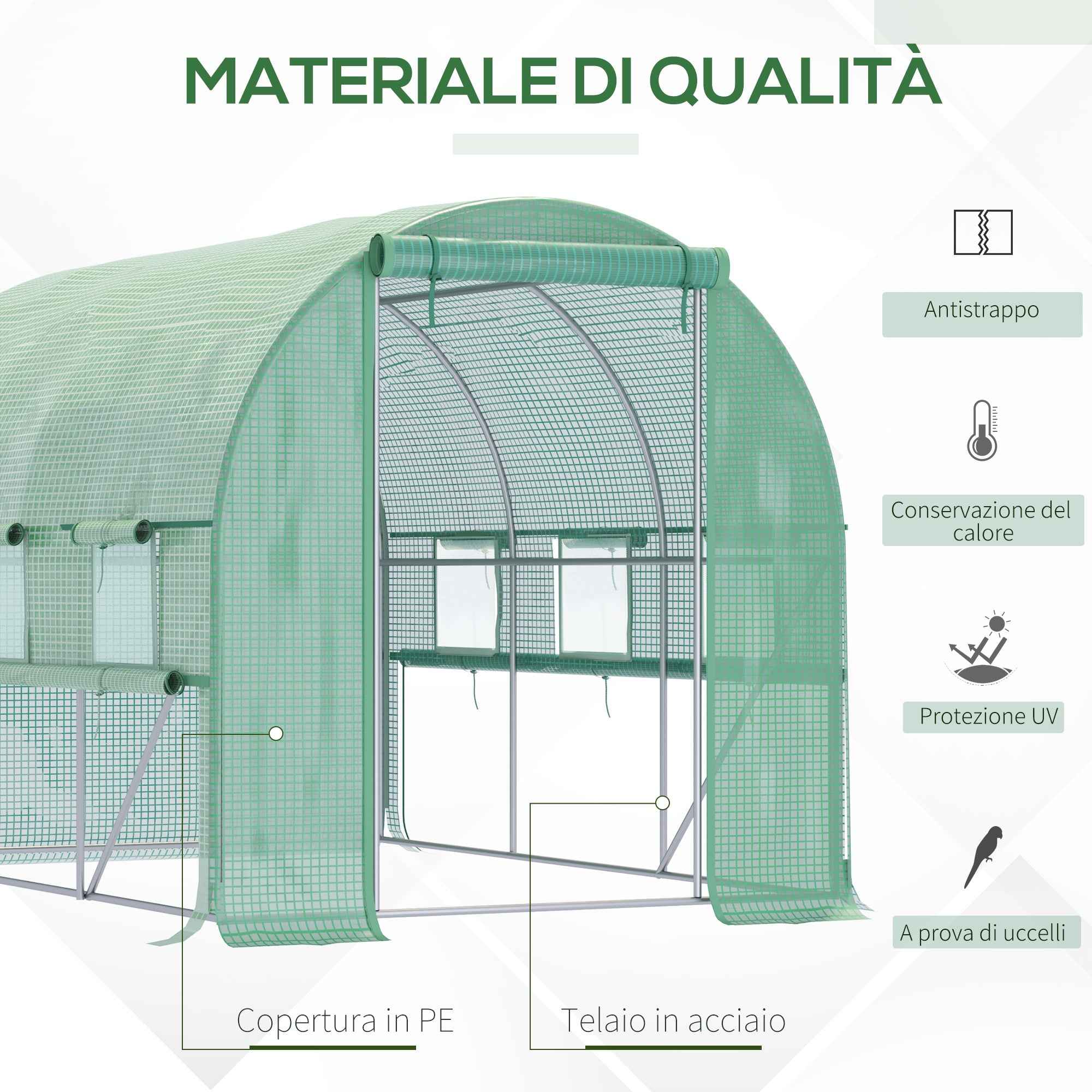 Outsunny 3x2x2m Steel Vegetable Garden Greenhouse with PE Cover, Zip Doors and Mesh Windows, Green