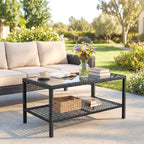 Outsunny 2-Tier Coffee Table with Tempered Glass Top and Shelf, Steel and Rattan, 92x50x45 cm, Black
