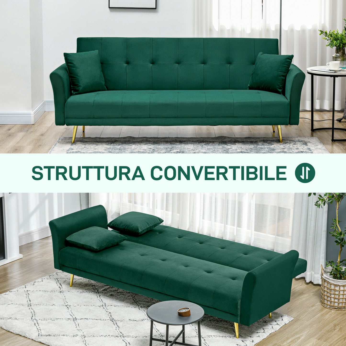 Sofa Bed with Adjustable Backrest and 2 Cushions, in Velvet Effect Fabric, 215x83x87 cm, Green